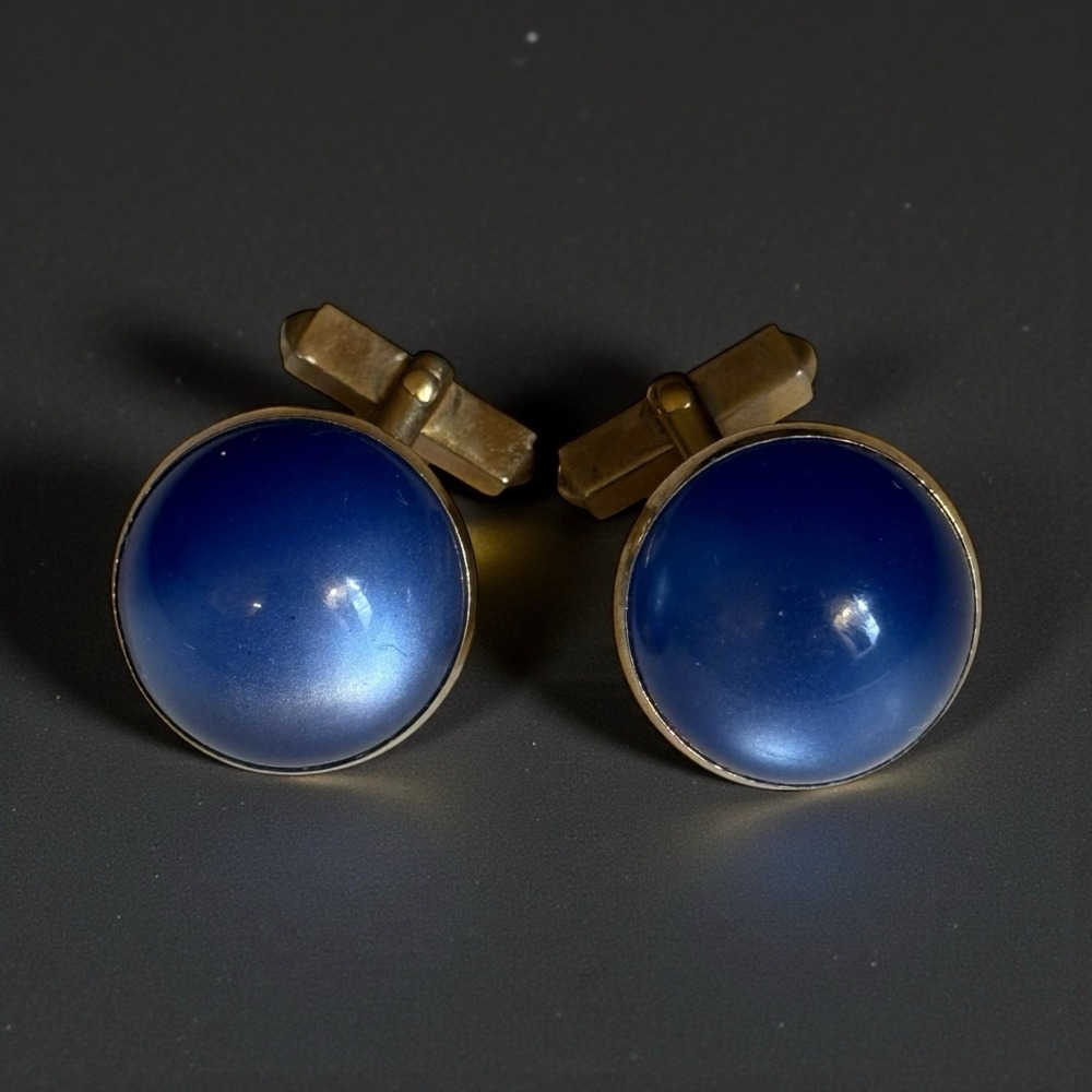 Swank Cufflinks Blue Moonglow Lucite Round Gold Tone Domed Vintage MCM Formal